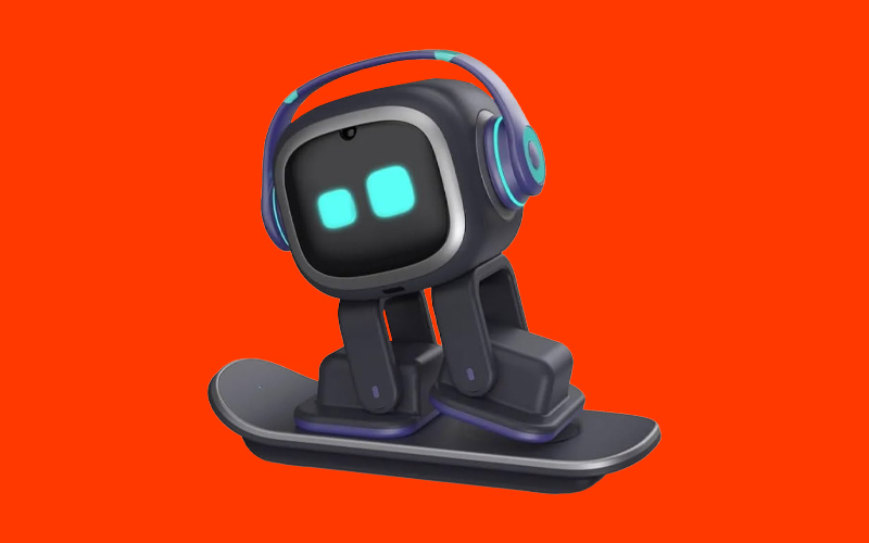 A cute, futuristic robot with a black and gray body, glowing blue eyes, and wearing purple and teal headphones, riding a hoverboard against a bright red background.