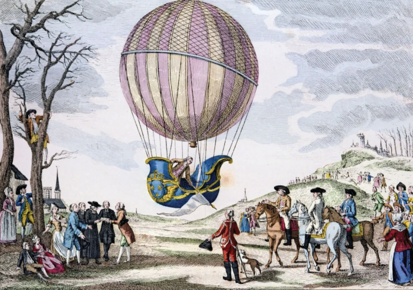 Historic illustration of the first manned hydrogen balloon flight by Jacques Alexandre César Charles and Marie-Noël Robert on December 1, 1783, in Paris, with a crowd of onlookers watching the elegant, ornate balloon ascend into the sky.