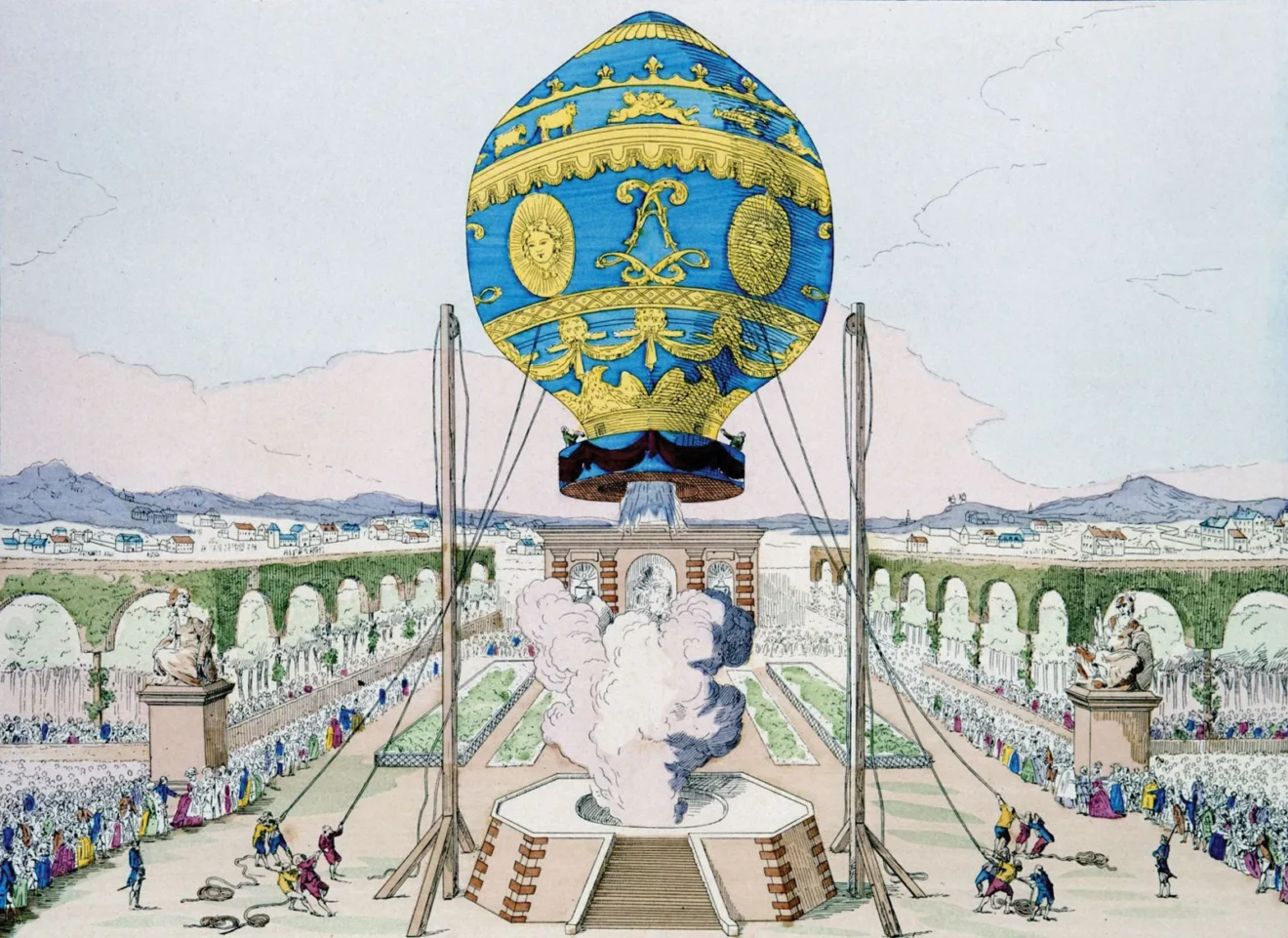 Colorful historical illustration of the Montgolfier brothers' hot air balloon launch on November 21, 1783, in Paris. The ornate blue and gold balloon ascends from a large courtyard surrounded by arched gardens and crowds of spectators. Smoke rises from the launch platform below, capturing the grandeur and excitement of the first manned balloon flight.