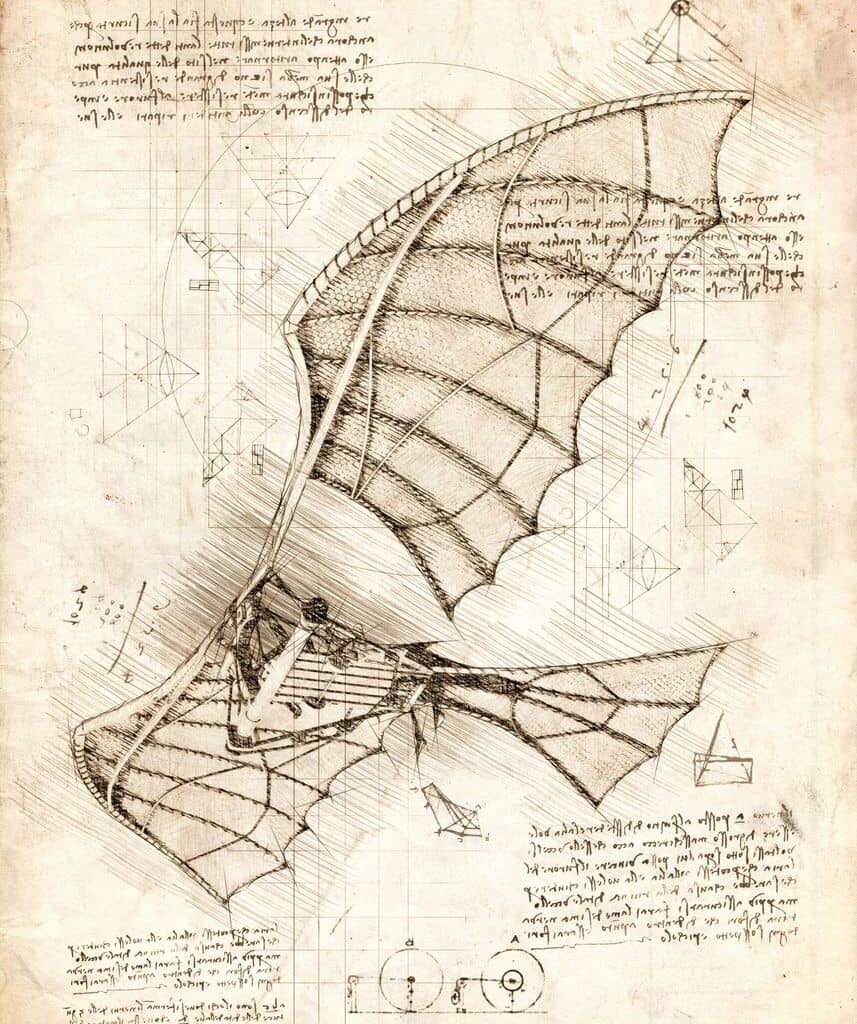 Leonardo da Vinci’s detailed sketch of a bat-inspired flying machine, featuring intricate wing structures and mechanical components, surrounded by geometric diagrams and mirrored handwritten notes, showcasing his visionary approach to aeronautics.